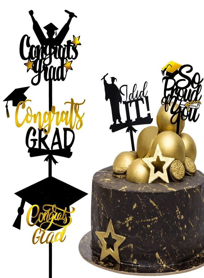 Whaline 5Pcs Graduation Cake Toppers 2025 Black Gold Acrylic Cake Topper Class of 2025 Congrats Grad Cake Decorations for High School College Grad Party Supplies - Image 1